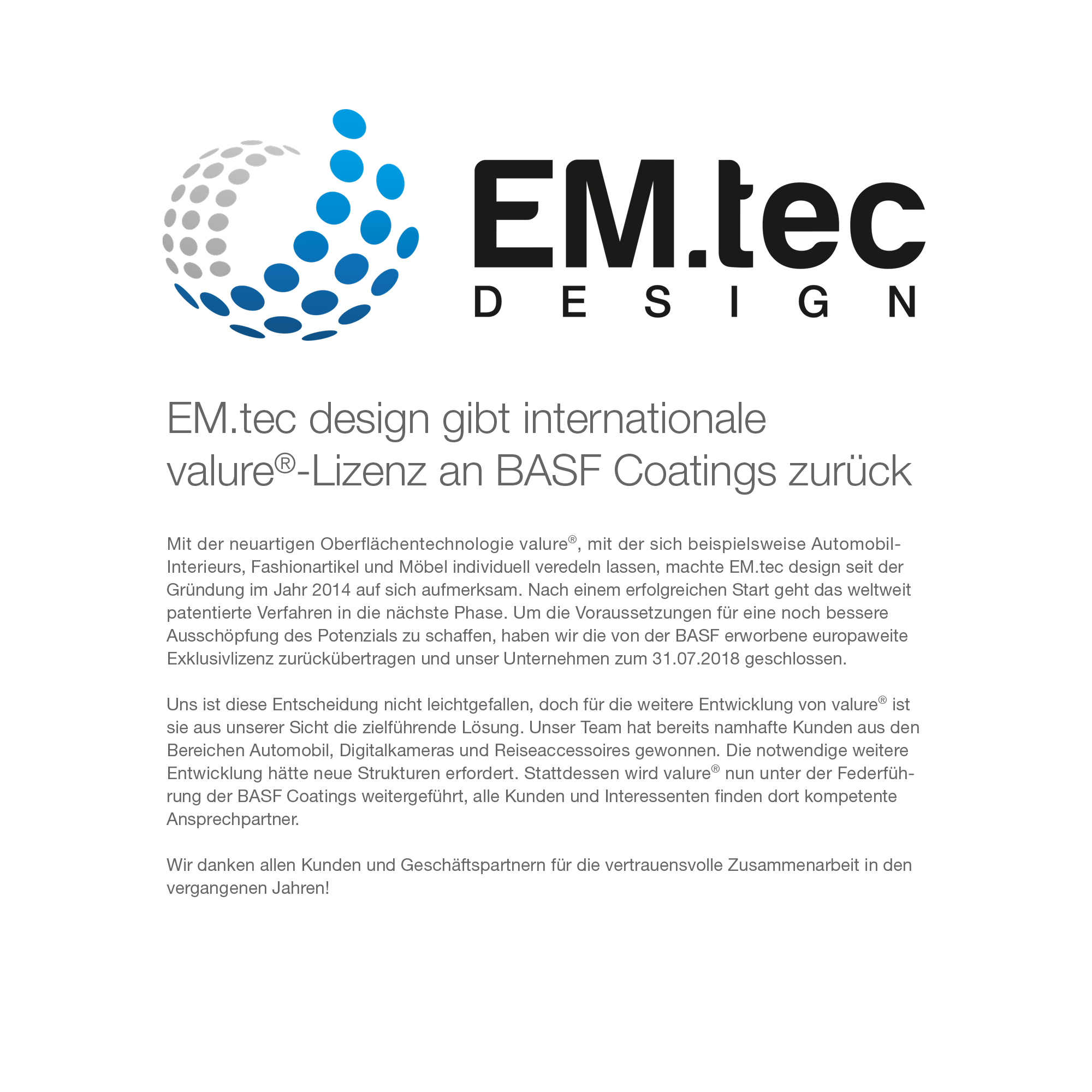 EM.tec design gibt internationale valure®-Lizenz an BASF Coatings zurück.